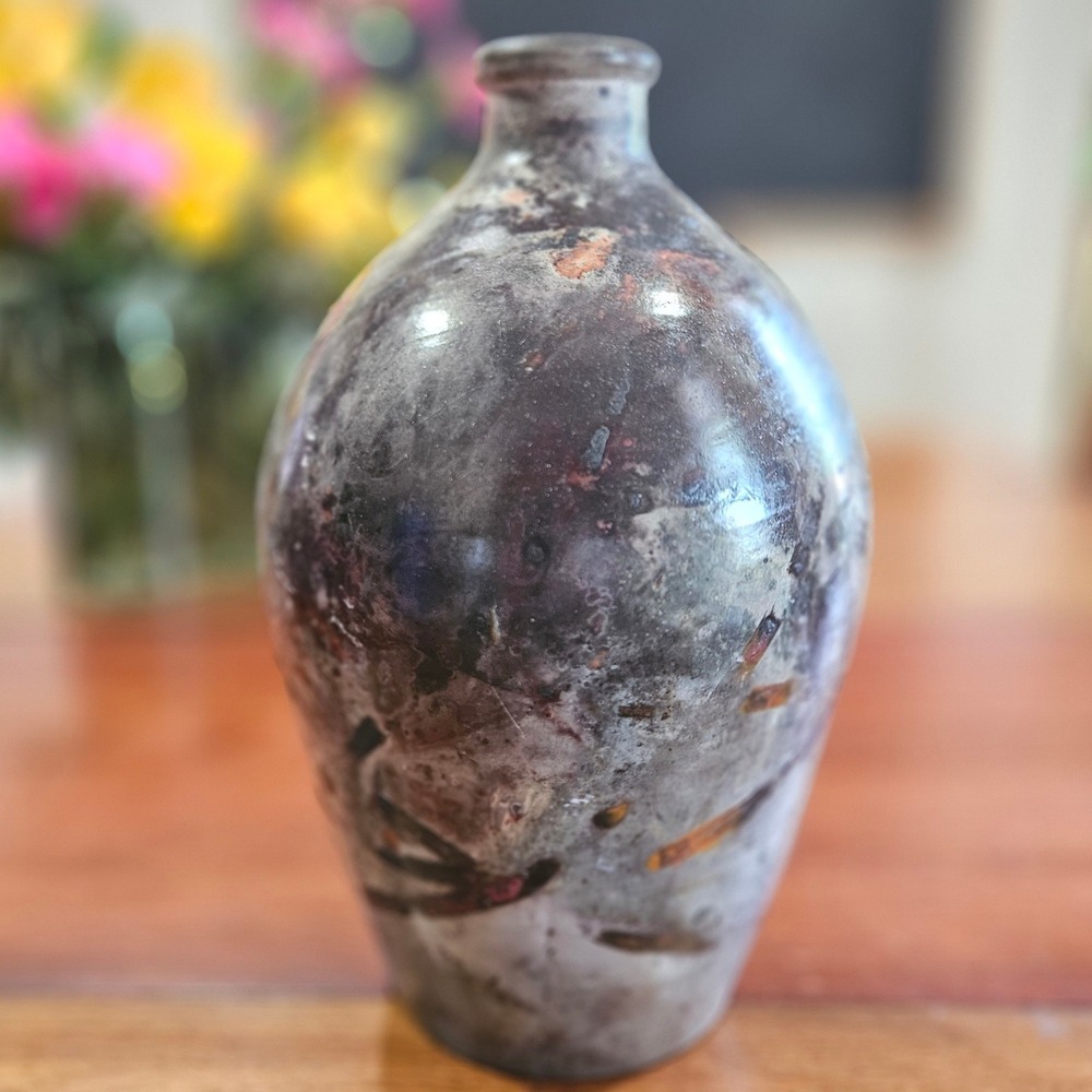 Signed Studio Pottery Bottle Vase Mottled Black Grey Glaze Hand Thrown Ceramic